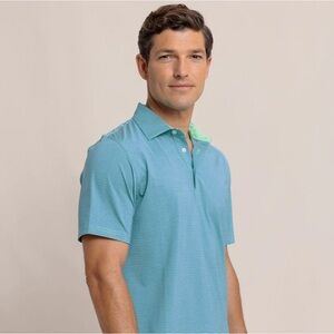 NWT Southern Tide Men's M Meadowbrook Stripe Polo in Parakeet w Pimento Cheese